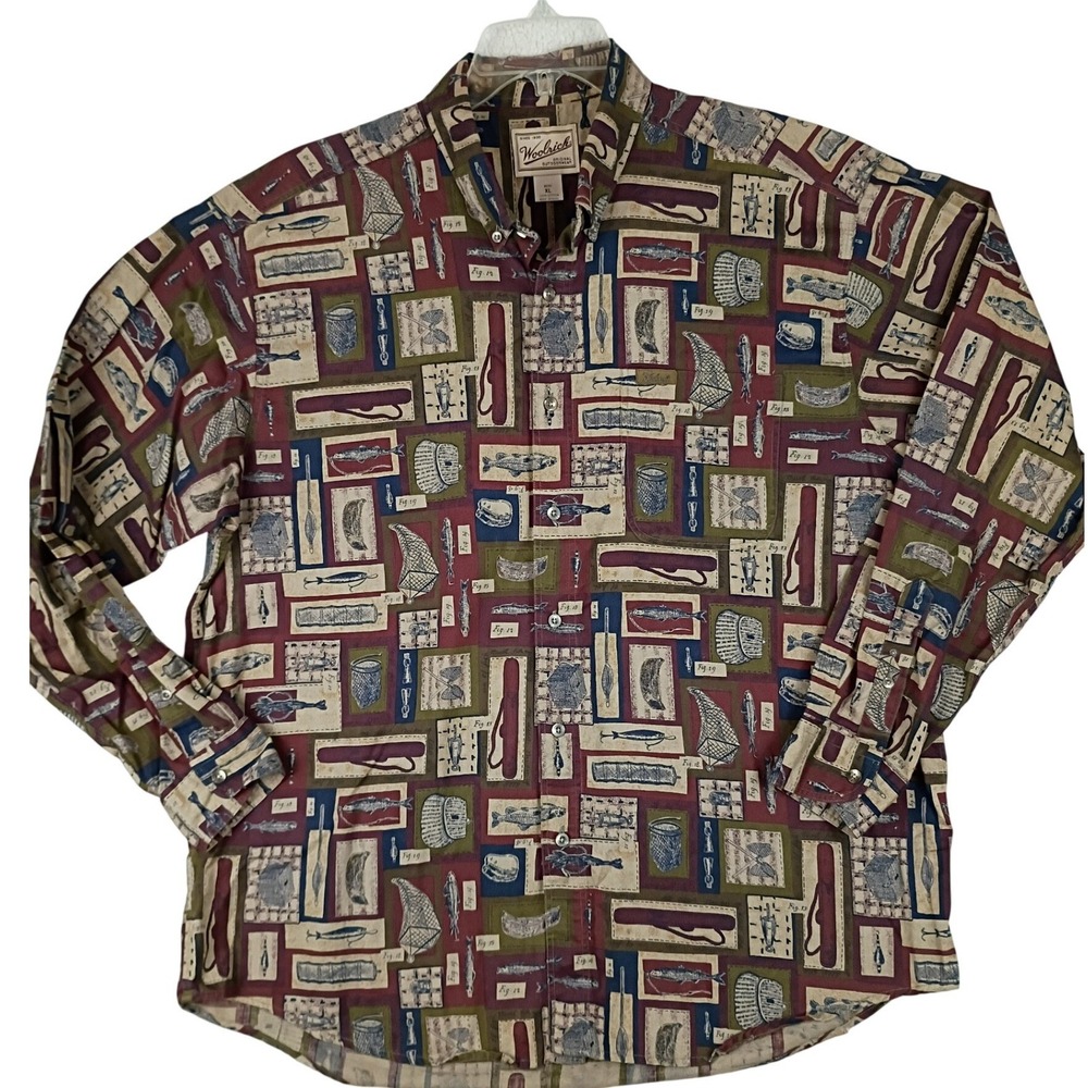 Vintage Woolrich Fish & Tackle Button Down Mens XL Multi Brushed Cotton Fishing